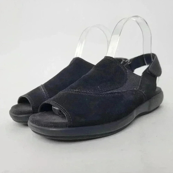 Ecco Black Suede Peep Toe Sandals - 6 - Picture 5 of 9